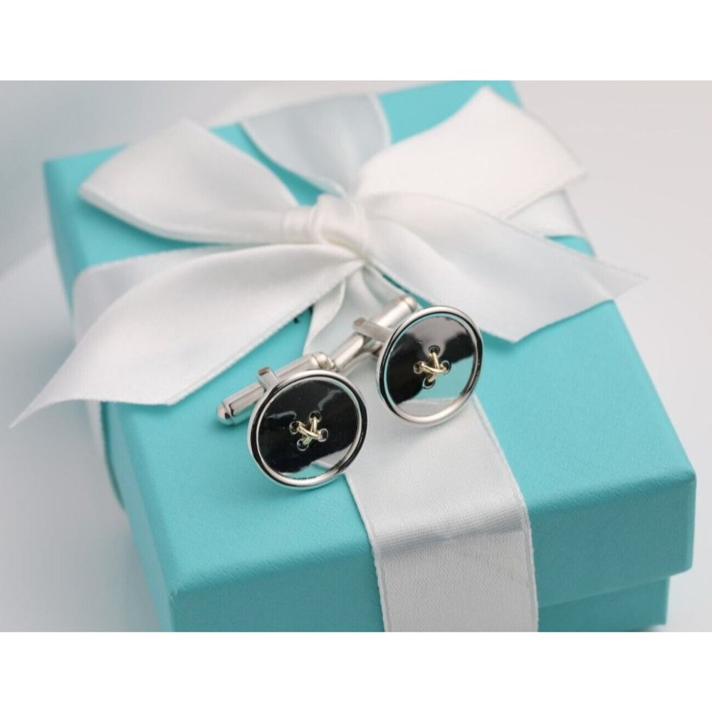 Authentic Tiffany & Co. Men's Cufflinks Button Motif in 925 Silver & 18k Gold - Picture 5 of 11
